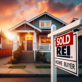 Everett Washington home with bright sunrise and REI Branded Home Buyer sign out front