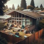 A rundown house in Evergreen, Everett WA with visible roof damage and a leaning fence