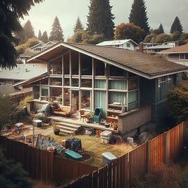 A rundown house in Evergreen, Everett WA with visible roof damage and a leaning fence