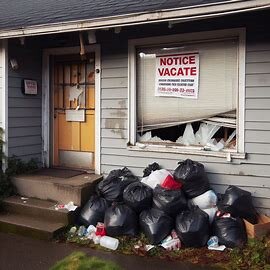 Damaged rental home in Everett with broken blinds, trash bags, and a "Notice to Vacate" taped to the window