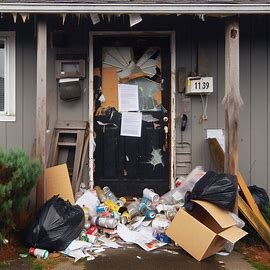 Everett rental house with a broken window, trash in the yard, and a “Notice to Vacate” on the door