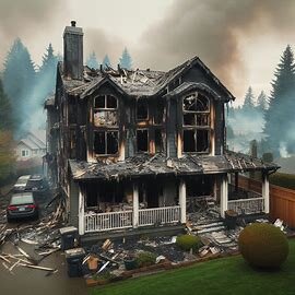 Burned Everett home with smoke stains around windows and roof damage