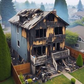 Burned Everett home with blackened exterior walls and boarded-up windows