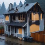 Burned Everett WA home with boarded-up windows and visible fire damage to the roof