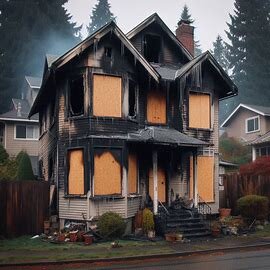 Everett house with visible fire damage, boarded-up windows, and smoke-stained siding