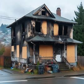 Fire-damaged home in McKinley Hill Tacoma WA with boarded windows and charred siding