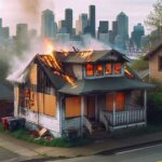 A fire-damaged home in Tacoma WA with visible roof and smoke damage