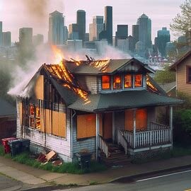 A fire-damaged home in Tacoma WA with visible roof and smoke damage