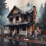 Charred exterior of a fire-damaged home in Washington with boarded windows