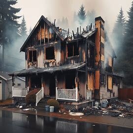 Charred exterior of a fire-damaged home in Washington with boarded windows