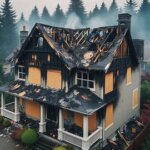 Burned Washington home with charred roof and boarded windows