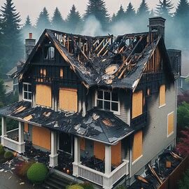 Burned Washington home with charred roof and boarded windows