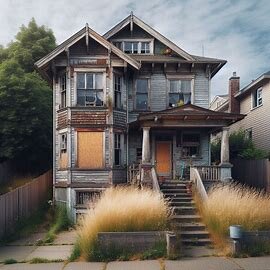 A rundown single-story home in Eastside Tacoma WA with boarded windows