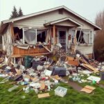 Damaged Everett home with missing siding and debris in the yard