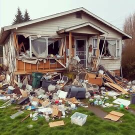 Damaged Everett home with missing siding and debris in the yard