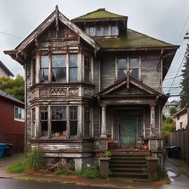 A North End Tacoma home with peeling paint, damaged siding, and visible roof wear