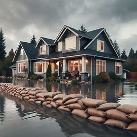 Washington home with flooded front yard and sandbags stacked near the front door