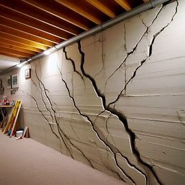 Cracked foundation wall in an Everett WA basement with visible horizontal splitting