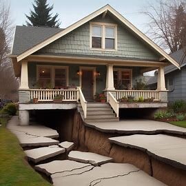 Cracked concrete foundation on an Everett WA house with visible settling and sloped porch