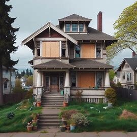 Older Hilltop Tacoma house with boarded windows and overgrown front yard
