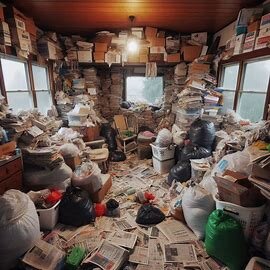 Interior of an Everett house filled with clutter and trash, showing signs of hoarding