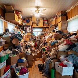 Cluttered Everett home interior filled with boxes, trash, and stacked furniture