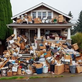 Everett house with overflowing belongings visible through broken windows and clutter piled on the porch