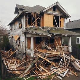 Distressed Everett WA home with boarded windows and exposed framing