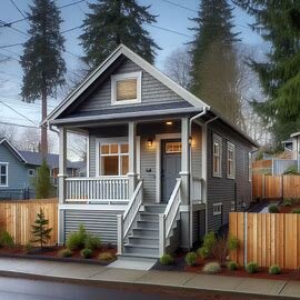 A modest single-story home in South Tacoma WA with a fenced yard and mature trees