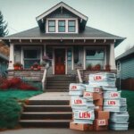 Washington home with legal documents and a red “Lien” stamp overlayed on the image