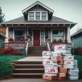 Washington home with legal documents and a red “Lien” stamp overlayed on the image