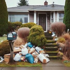 Old Everett house with overgrown landscaping and a full mailbox, typical of an inherited property