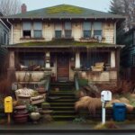 A dated and cluttered Everett house with overgrown bushes and an old mailbox, inherited but untouched