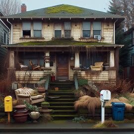 A dated and cluttered Everett house with overgrown bushes and an old mailbox, inherited but untouched