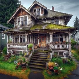 Inherited home in Everett WA with older architecture and an overgrown front lawn