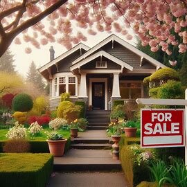 A well-kept home in Washington with a For Sale sign in the front yard, surrounded by blooming flowers