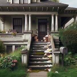 A vintage Everett WA home with a worn porch and overgrown front yard, inherited after probate