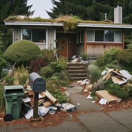 An inherited house in Tacoma WA with overgrown lawn and closed blinds