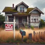 Older home in Washington State with a For Sale sign and overgrown landscaping