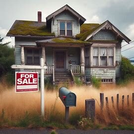 Older home in Washington State with a For Sale sign and overgrown landscaping