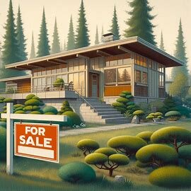A cozy inherited home in Washington surrounded by trees with a “For Sale” sign in the front yard
