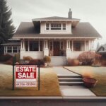 Wenatchee home with a "For Sale" sign and an older style, likely part of an estate sale