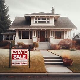 Wenatchee home with a "For Sale" sign and an older style, likely part of an estate sale