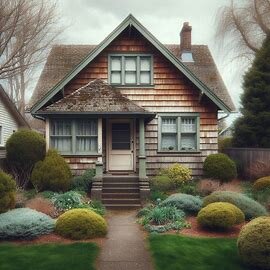 Older Wenatchee home with mature trees and a for-sale sign in the yard, showing inherited property in good but outdated condition