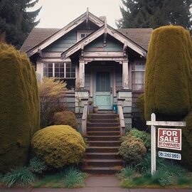 Older Everett house with overgrown bushes and a “For Sale by Owner” sign out front