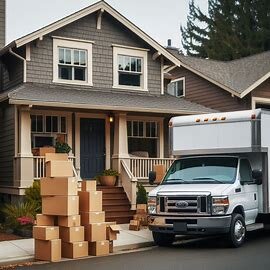 Everett home with a moving truck in the driveway and boxes stacked on the porch
