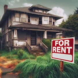 Frustrated Everett landlord standing outside a duplex with a “For Rent” sign and overgrown yard