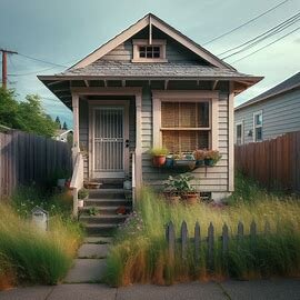 Weathered house in Lincoln District Tacoma WA with cracked siding and boarded windows