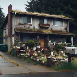 Run-down Everett rental house with peeling paint and overgrown grass, showing signs of absentee landlord ownership