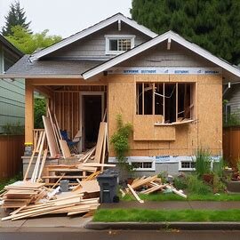Tacoma WA house under partial renovation with tools scattered and boarded windows